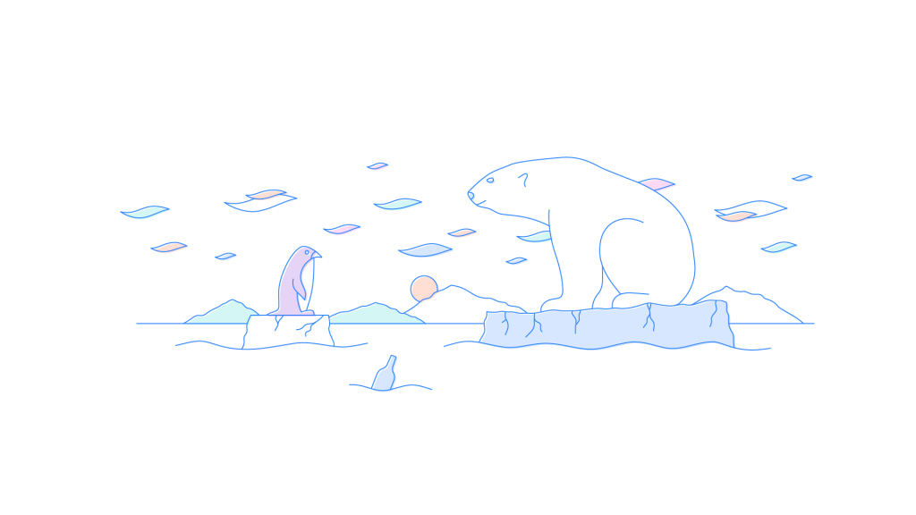 A polar bear floating on a piece of ice looks at a penguin floating on another